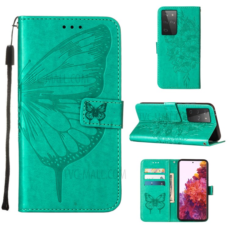 Empreinte Papillon de Fleurs de Fleur Portefeuille Étui en Cuir Pour Samsung Galaxy S21 Ultra 5G - Vert