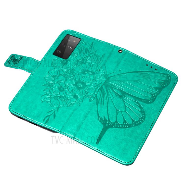 Imprint Butterfly Flower Pattern Wallet Stand Leather Case for Samsung Galaxy S21 Ultra 5G - Green-10