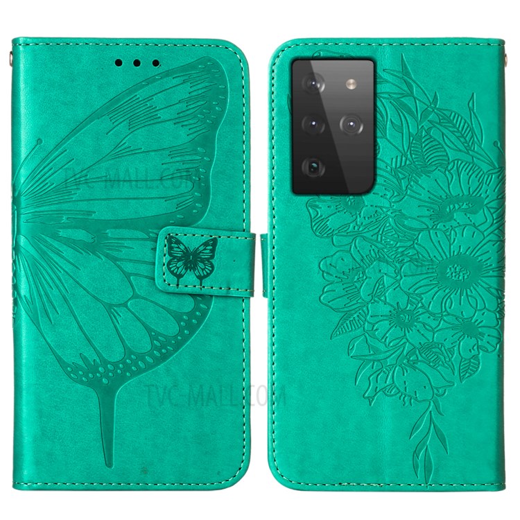 Impresión de la Billetera de la Billetera de la Billetera de Flores de Mariposa Para Samsung Galaxy S21 Ultra 5G - Verde