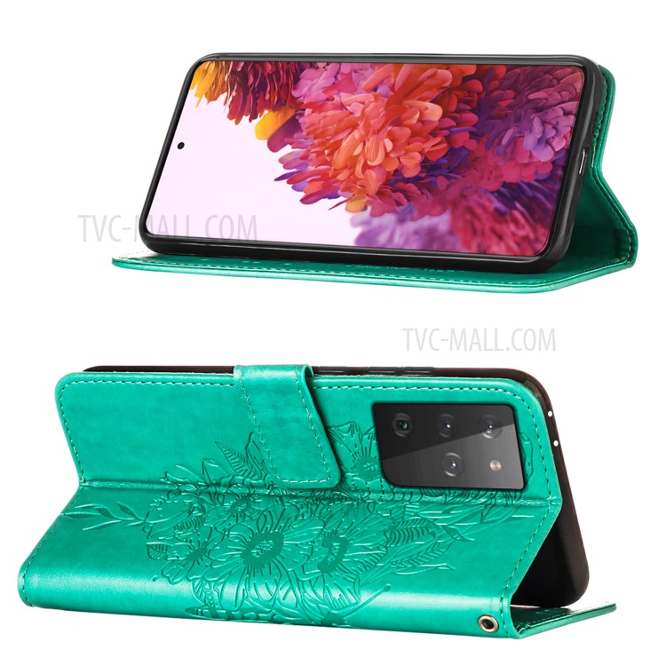 Imprint Butterfly Flower Pattern Sweelt Stand Teather Case Для Samsung Galaxy S21 Ultra 5G - Зеленый