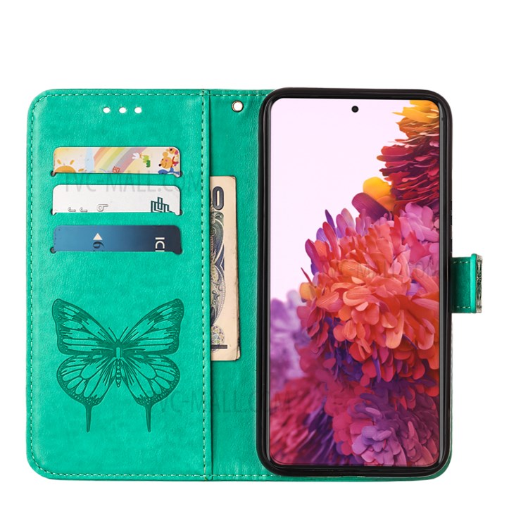 Imprint Butterfly Flower Pattern Sweelt Stand Teather Case Для Samsung Galaxy S21 Ultra 5G - Зеленый