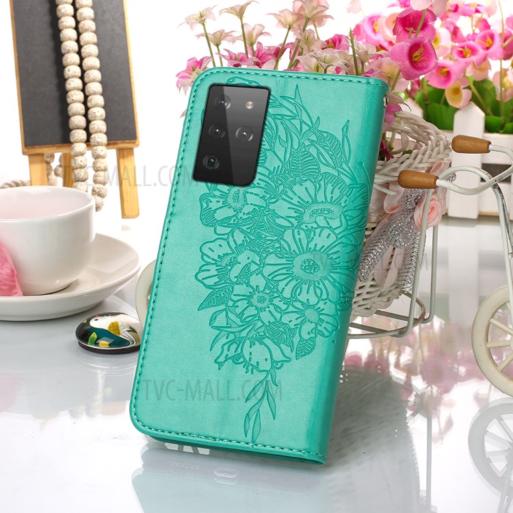 Empreinte Papillon de Fleurs de Fleur Portefeuille Étui en Cuir Pour Samsung Galaxy S21 Ultra 5G - Vert