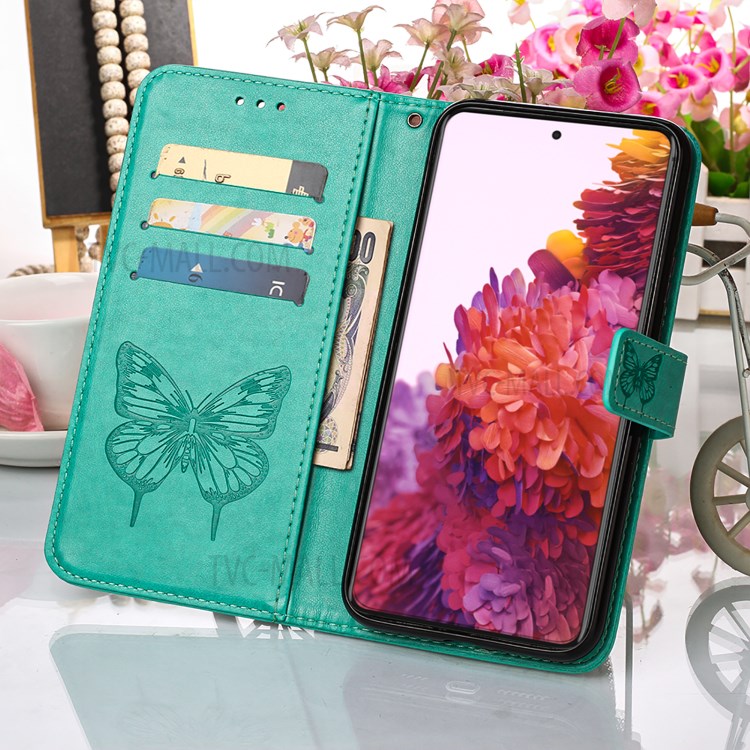 Imprint Butterfly Flower Pattern Wallet Stand Leather Case for Samsung Galaxy S21 Ultra 5G - Green-9