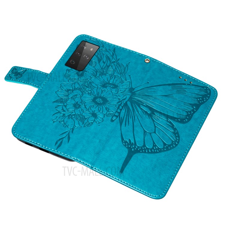 Imprint Butterfly Flower Pattern Wallet Stand Leather Case for Samsung Galaxy S21 Ultra - Blue-10