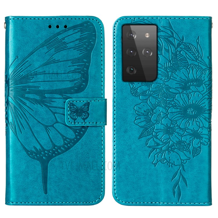 Imprint Butterfly Flower Pattern Wallet Stand Leather Case for Samsung Galaxy S21 Ultra - Blue-3