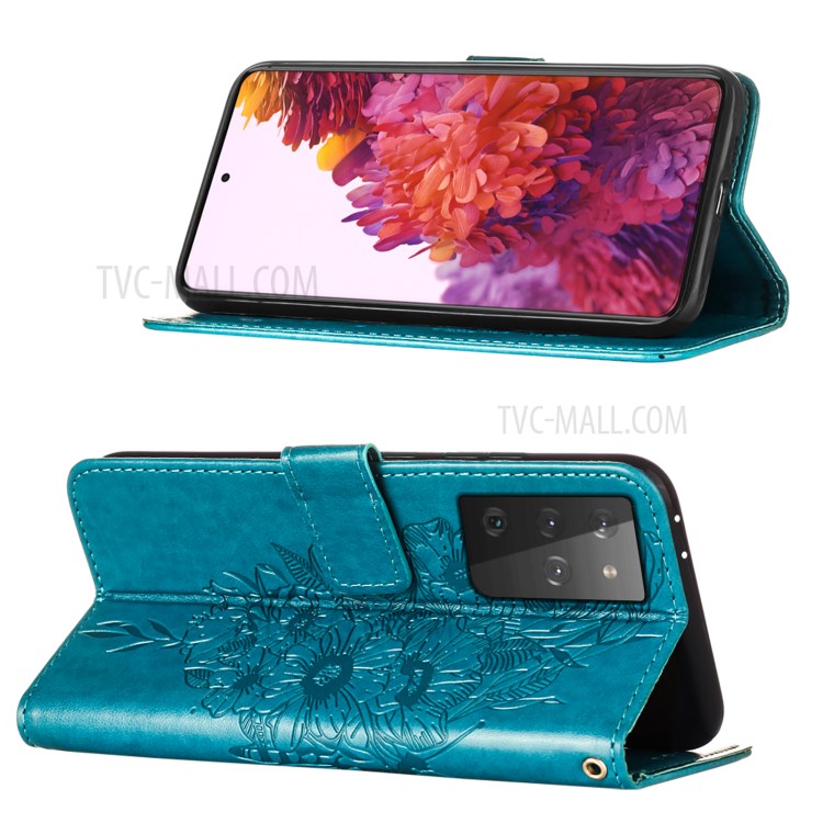 Imprint Butterfly Flower Pattern Wallet Stand Leather Case for Samsung Galaxy S21 Ultra - Blue-4