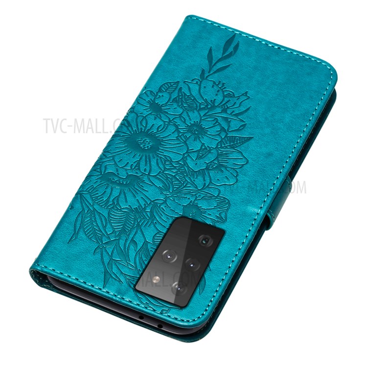 Imprint Butterfly Flower Pattern Wallet Stand Leather Case for Samsung Galaxy S21 Ultra - Blue-5