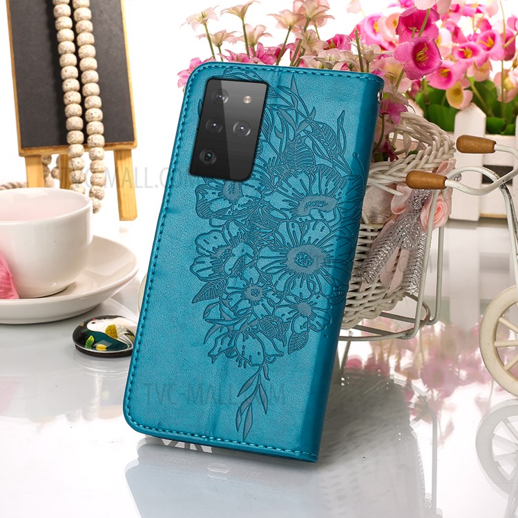 Imprint Butterfly Flower Pattern Wallet Stand Leather Case for Samsung Galaxy S21 Ultra - Blue-8