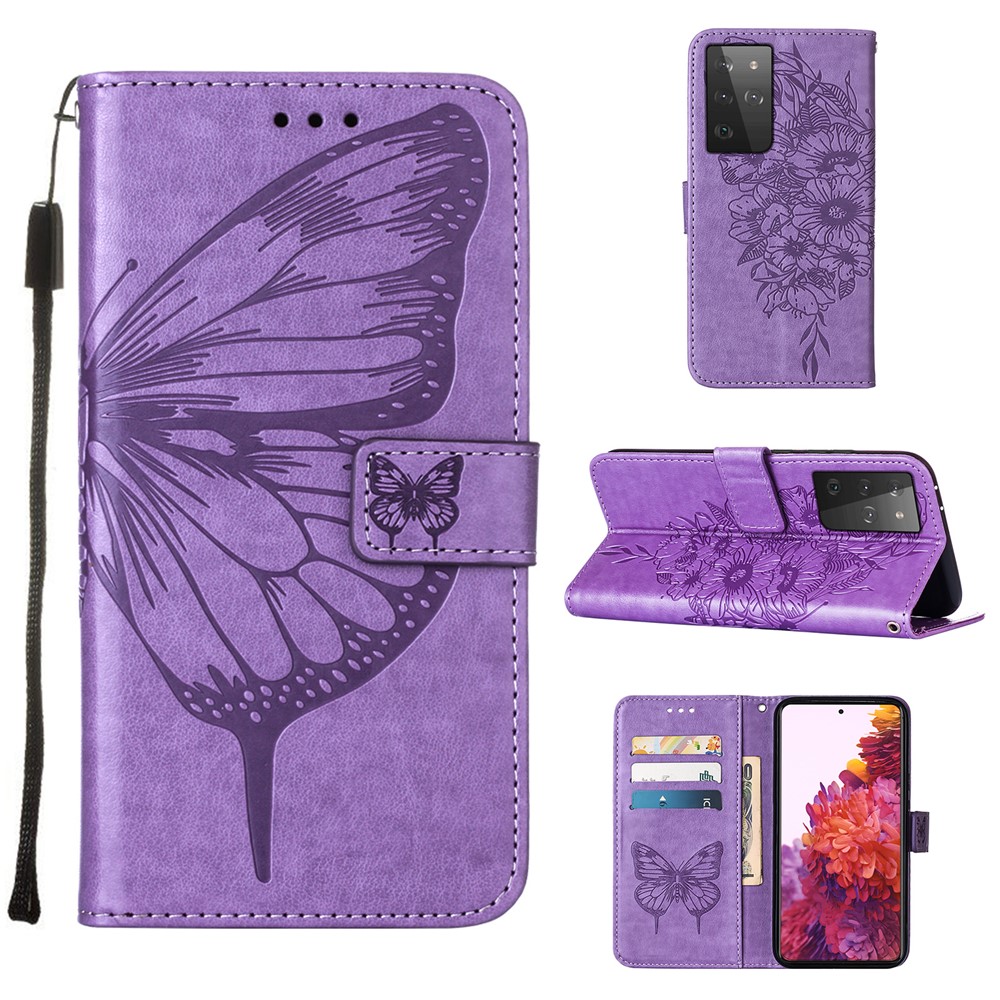 Imprint Butterfly Flower Pattern Wallet Stand Leather Case for Samsung Galaxy S21 Ultra - Purple-1