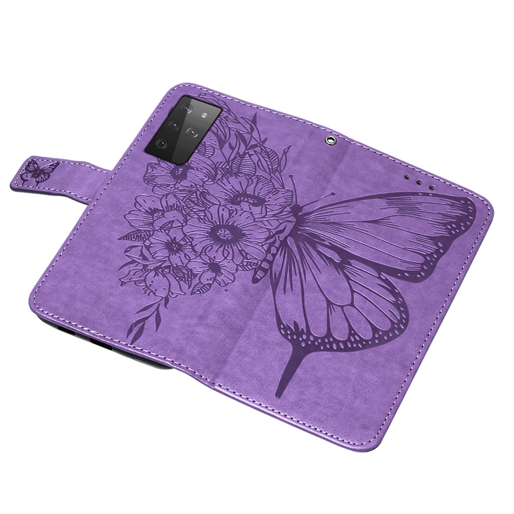 Impronta Butterfly Pattern Porthet Stand in Pelle Custodia Per Samsung Galaxy S21 Ultra 5G - Viola-10