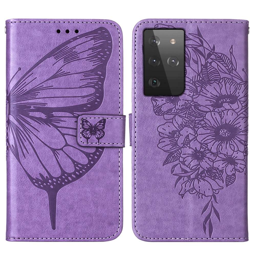 Imprint Butterfly Flower Pattern Wallet Stand Leather Case for Samsung Galaxy S21 Ultra - Purple-3