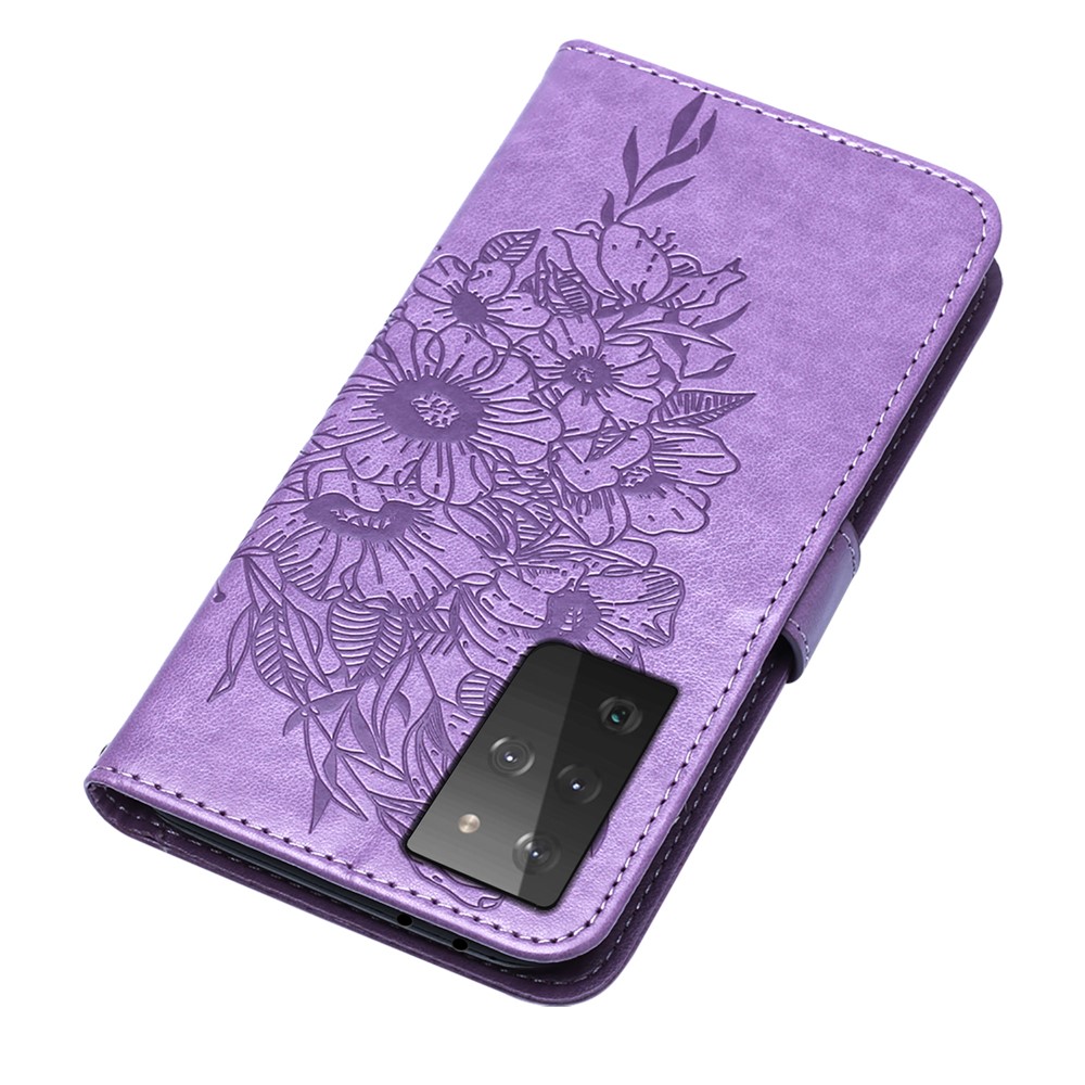 Imprint Butterfly Flower Pattern Wallet Stand Leather Case for Samsung Galaxy S21 Ultra - Purple-5