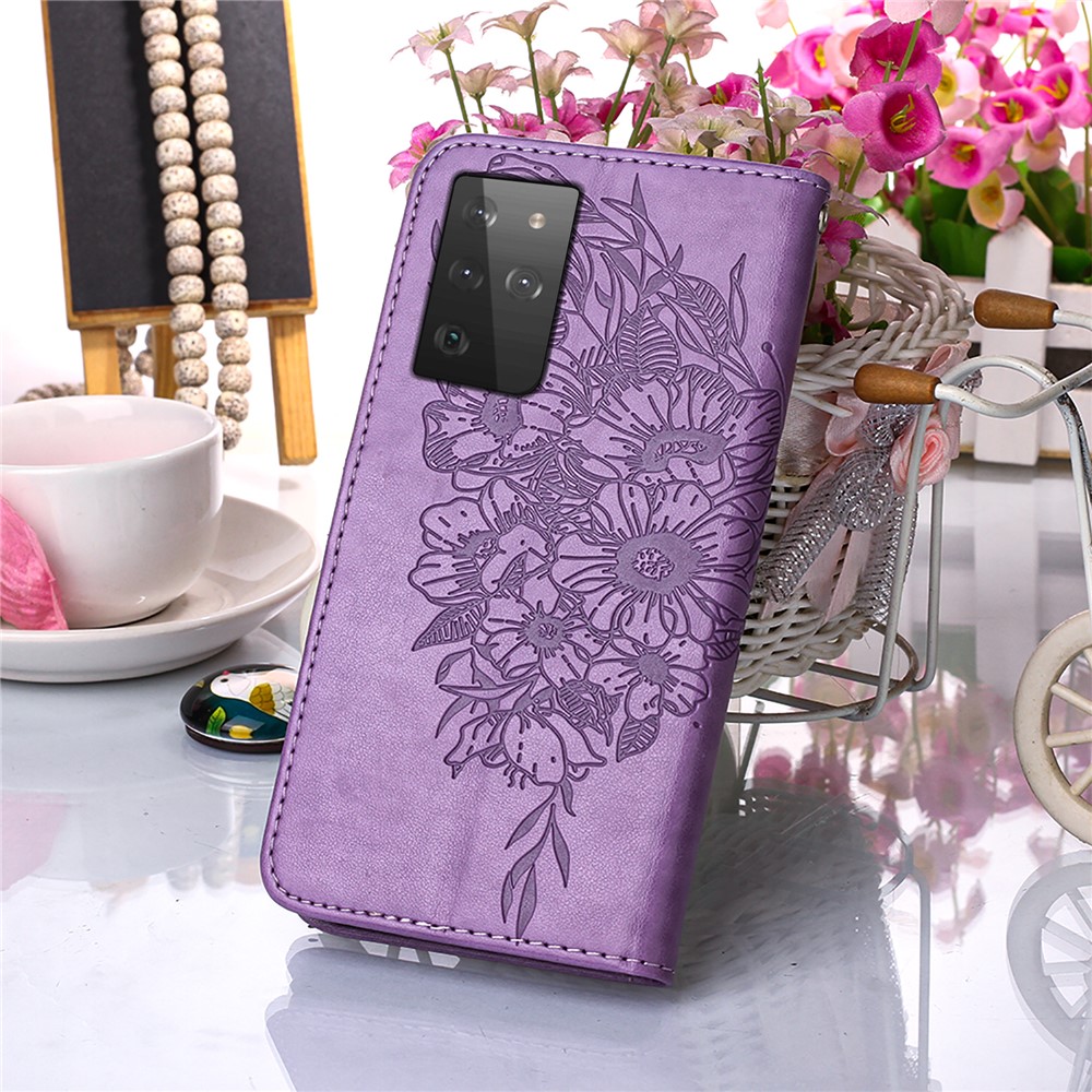 Impronta Butterfly Pattern Porthet Stand in Pelle Custodia Per Samsung Galaxy S21 Ultra 5G - Viola-8