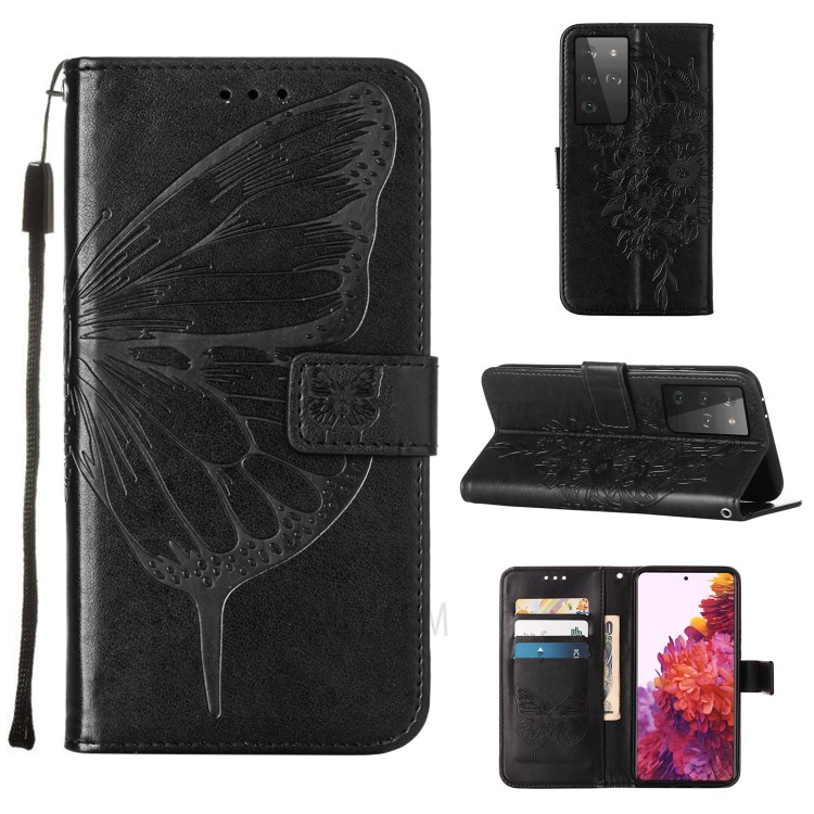 Imprint Butterfly Flower Pattern Wallet Stand Leather Case for Samsung Galaxy S21 Ultra 5G - Black-1