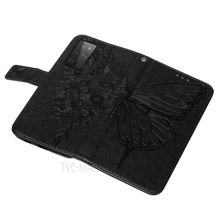 Imprint Butterfly Flower Pattern Wallet Stand Leather Case for Samsung Galaxy S21 Ultra 5G - Black-10