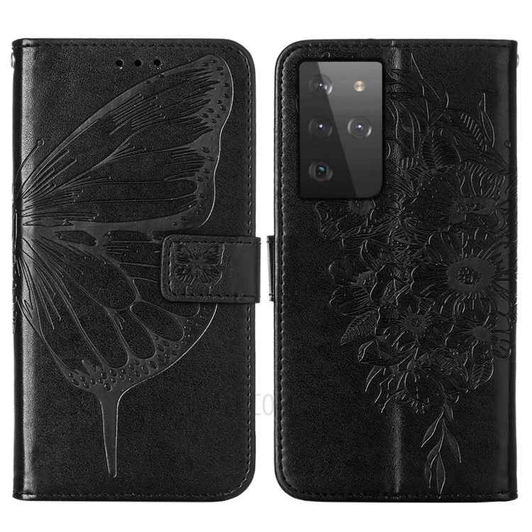 Imprint Butterfly Flower Pattern Wallet Stand Leather Case for Samsung Galaxy S21 Ultra 5G - Black-3