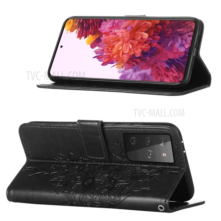 Imprint Butterfly Flower Pattern Wallet Stand Leather Case for Samsung Galaxy S21 Ultra 5G - Black-4