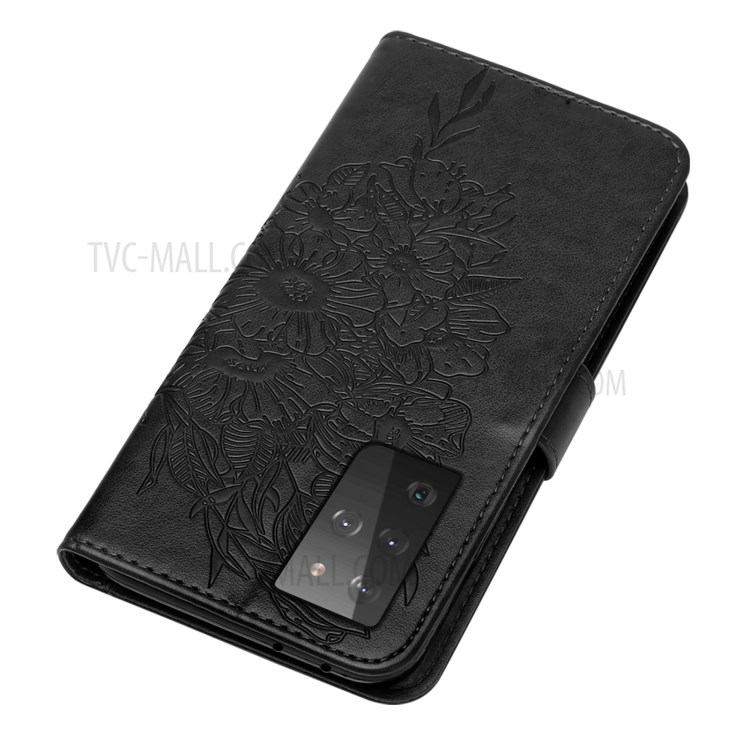 Imprint Butterfly Flower Pattern Wallet Stand Leather Case for Samsung Galaxy S21 Ultra 5G - Black-5