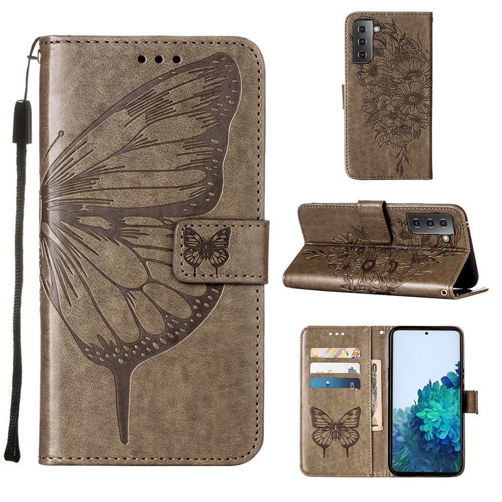 Imprint Butterfly Flower Pattern Wallet Stand Leather Case for Samsung Galaxy S21 5G - Grey-1