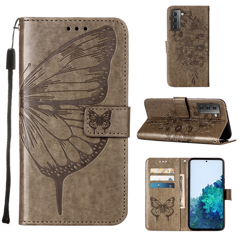 Empreinte Papillon de Fleurs de Fleur Portefeuille Étui en Cuir Pour Samsung Galaxy S21 4g / 5g - Gris