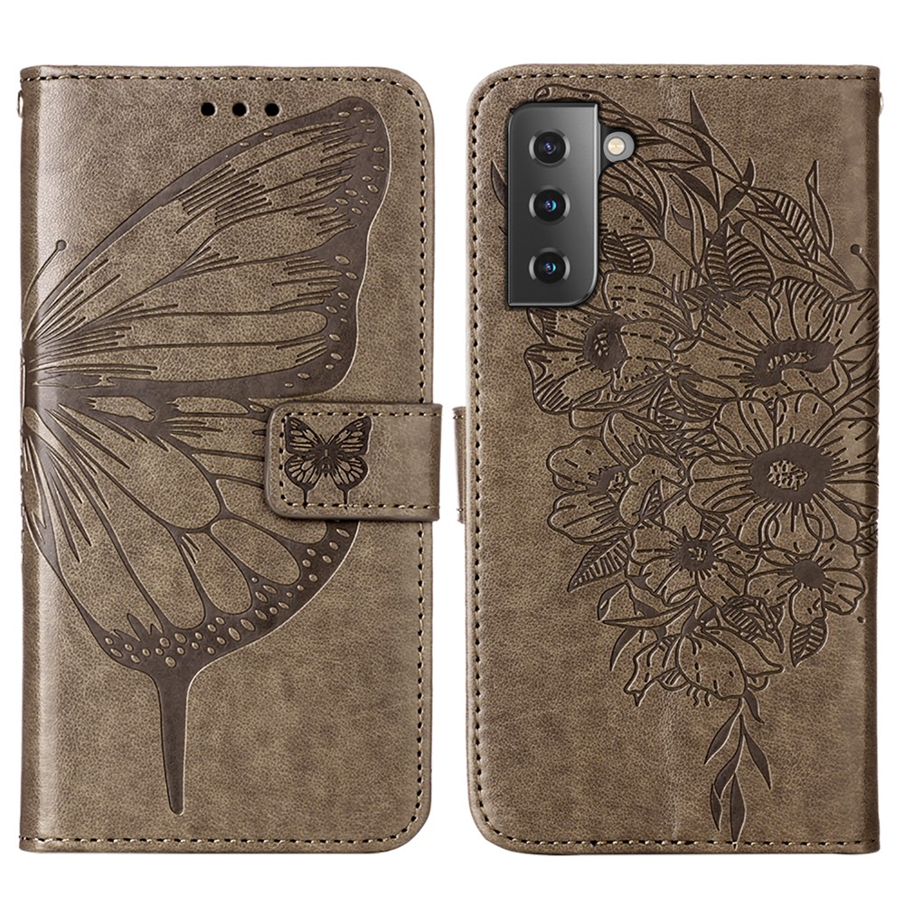 Empreinte Papillon de Fleurs de Fleur Portefeuille Étui en Cuir Pour Samsung Galaxy S21 4g / 5g - Gris