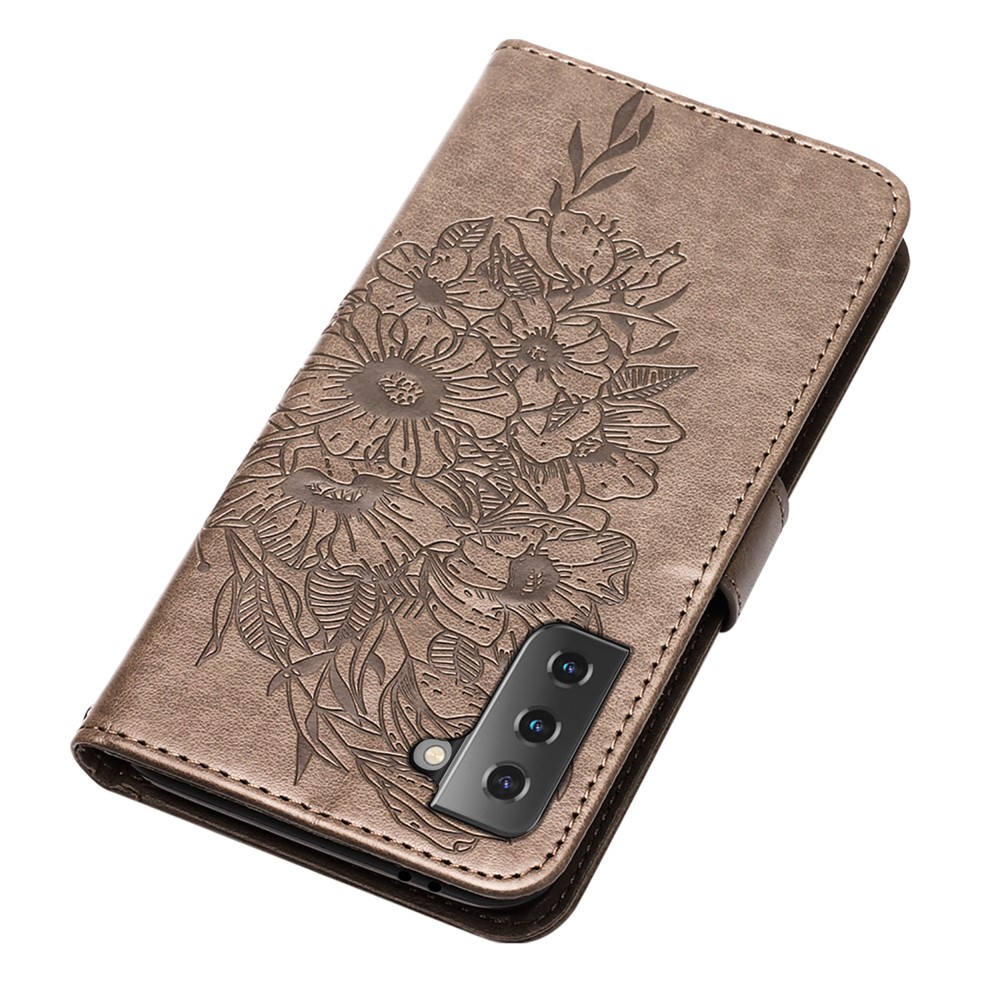 Imprint Butterfly Flower Pattern Wallet Stand Leather Case for Samsung Galaxy S21 5G - Grey-5
