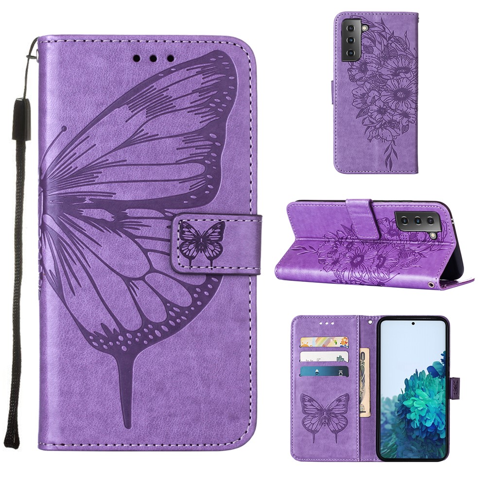 Imprint Butterfly Flower Pattern Wallet Stand Leather Case for Samsung Galaxy S21 5G - Purple-1