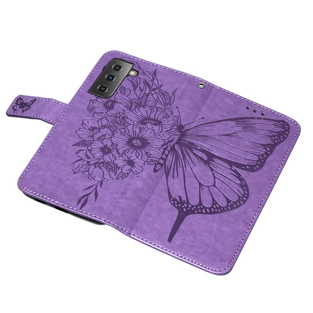 Imprint Butterfly Flower Pattern Wallet Stand Leather Case for Samsung Galaxy S21 5G - Purple-10