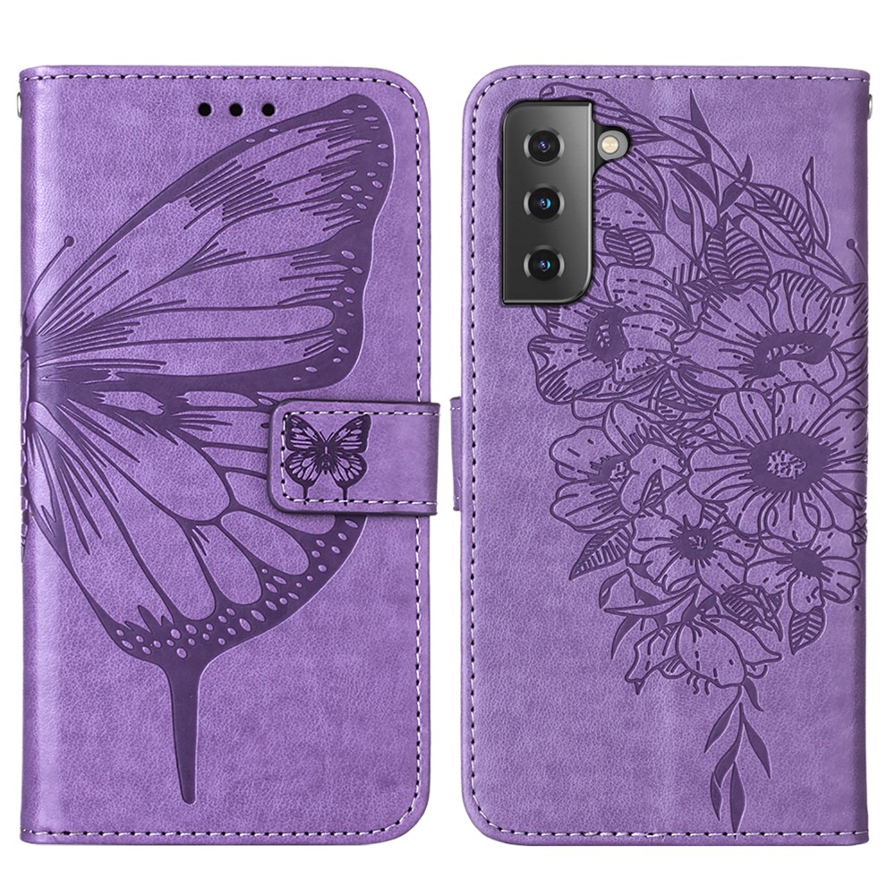 Imprint Butterfly Flower Pattern Wallet Stand Leather Case for Samsung Galaxy S21 5G - Purple-3