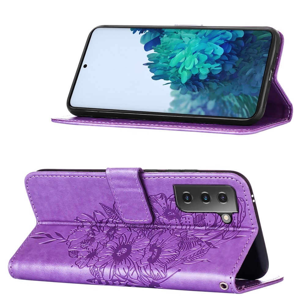 Imprint Butterfly Flower Pattern Wallet Stand Leather Case for Samsung Galaxy S21 5G - Purple-4