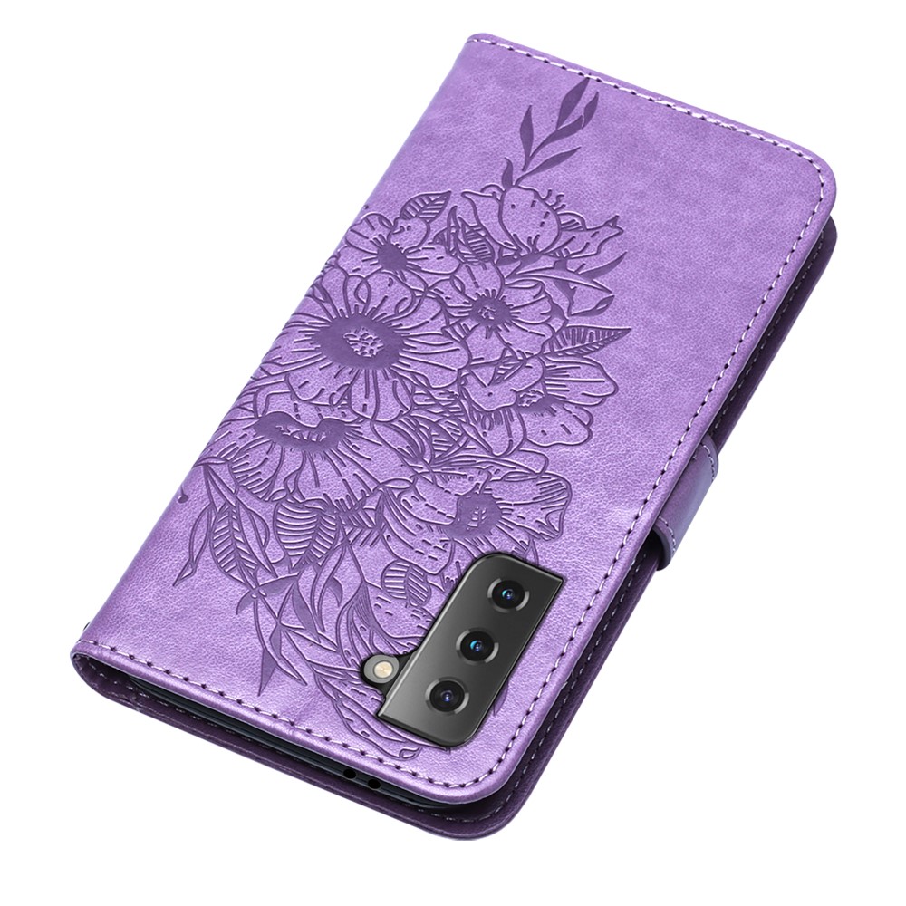 Imprint Butterfly Flower Pattern Wallet Stand Leather Case for Samsung Galaxy S21 5G - Purple-5