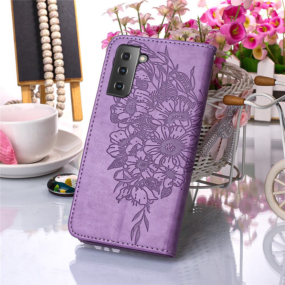 Imprint Butterfly Flower Pattern Wallet Stand Leather Case for Samsung Galaxy S21 5G - Purple-8