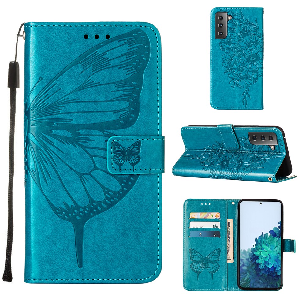 Imprint Butterfly Flower Pattern Wallet Stand Leather Case for Samsung Galaxy S21 5G - Blue-1