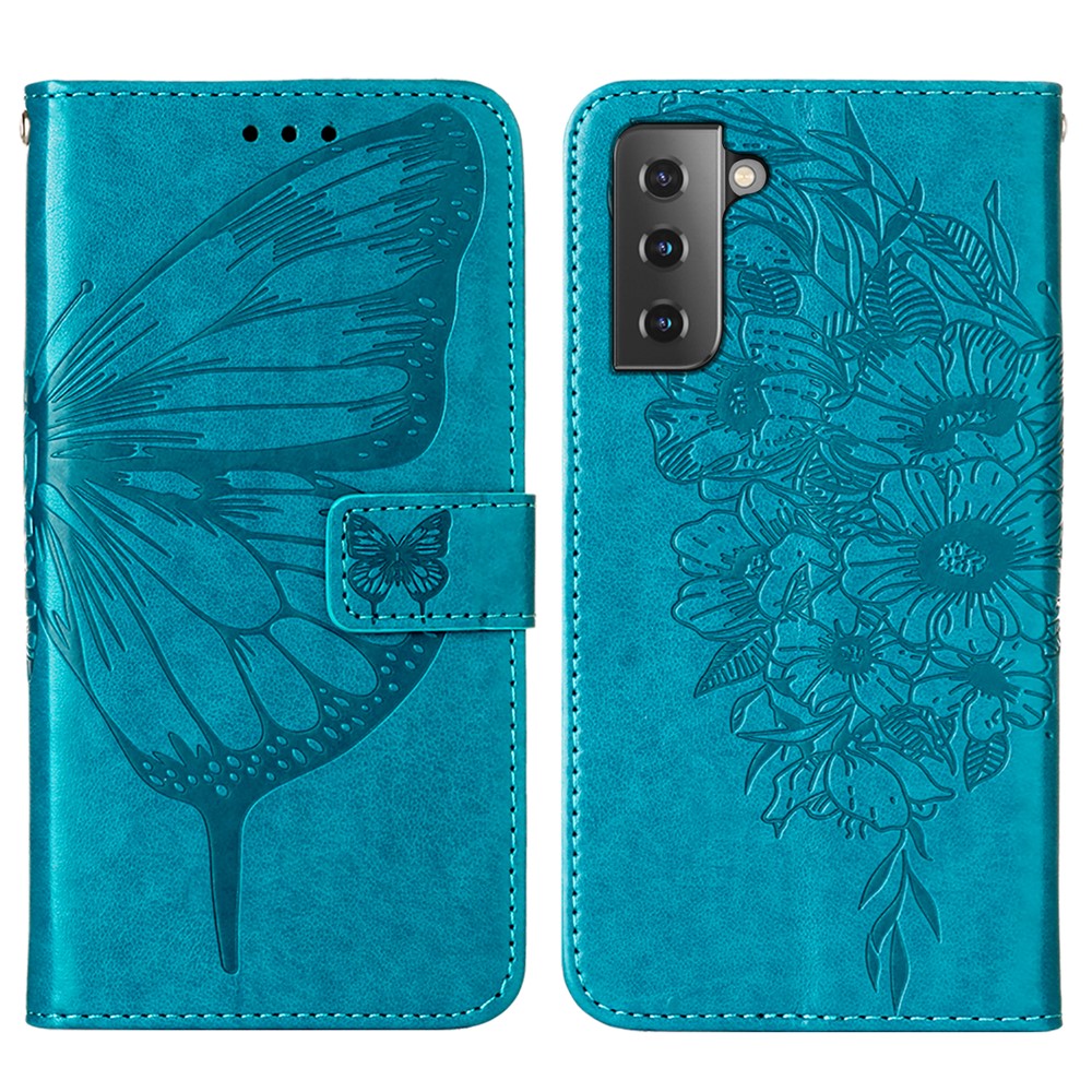 Imprint Butterfly Flower Pattern Wallet Stand Leather Case for Samsung Galaxy S21 5G - Blue-3