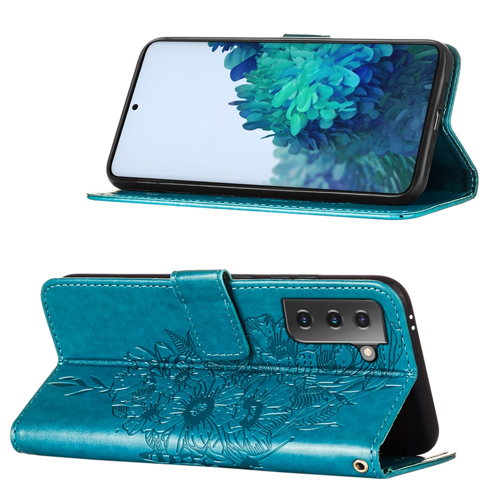 Imprint Butterfly Flower Pattern Wallet Stand Leather Case for Samsung Galaxy S21 5G - Blue-4