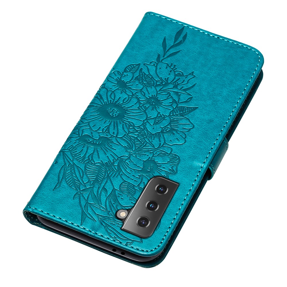 Imprint Butterfly Flower Pattern Wallet Stand Leather Case for Samsung Galaxy S21 5G - Blue-5