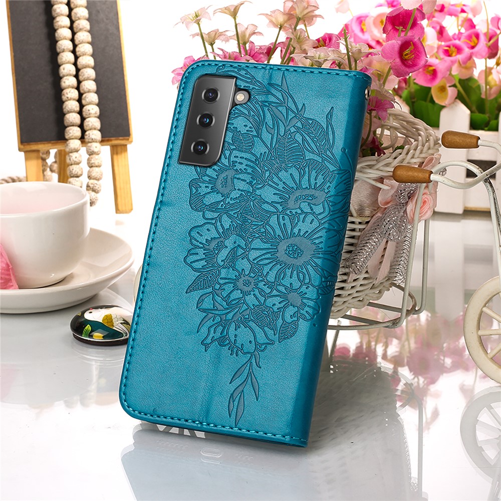 Imprint Butterfly Flower Pattern Wallet Stand Leather Case for Samsung Galaxy S21 5G - Blue-8