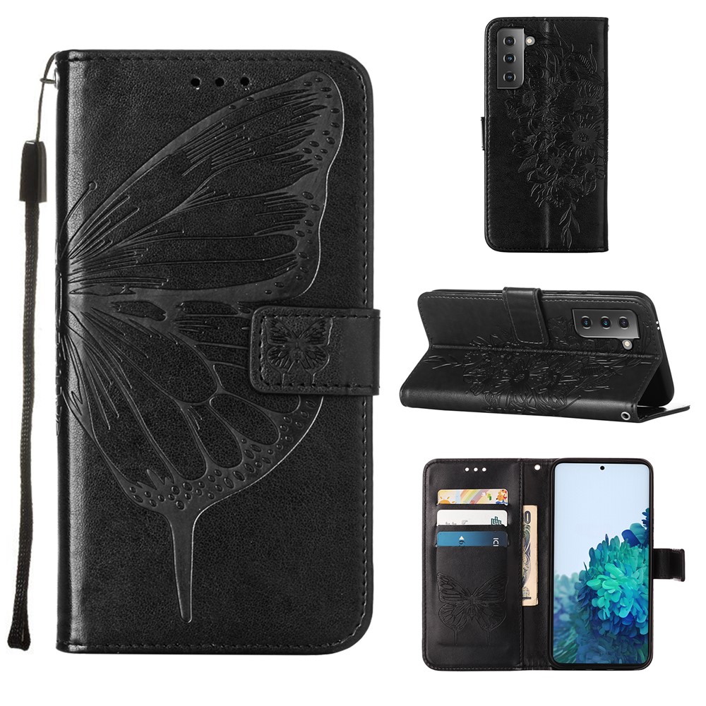 Imprint Butterfly Flower Pattern Wallet Stand Leather Case for Samsung Galaxy S21 5G - Black-1