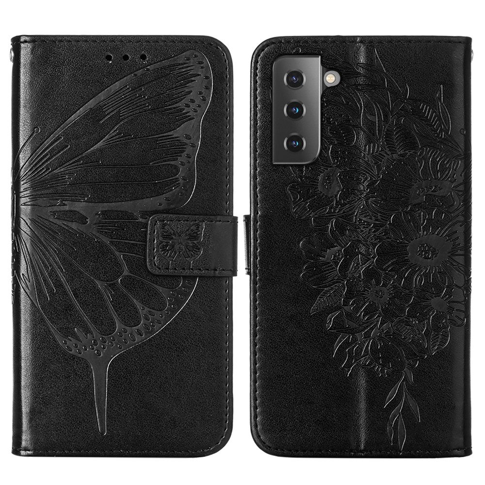 Imprint Butterfly Flower Pattern Wallet Stand Leather Case for Samsung Galaxy S21 5G - Black-3