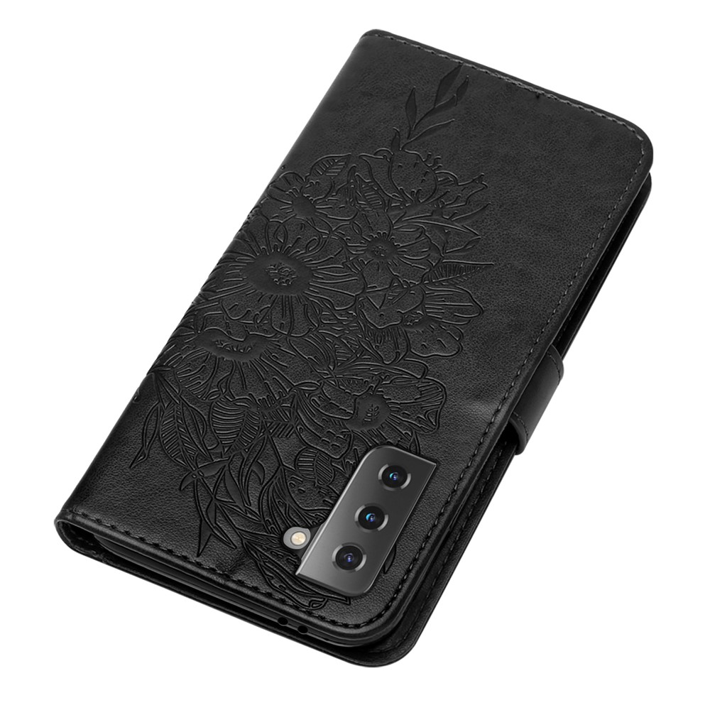 Imprint Butterfly Flower Pattern Wallet Stand Leather Case for Samsung Galaxy S21 5G - Black-5