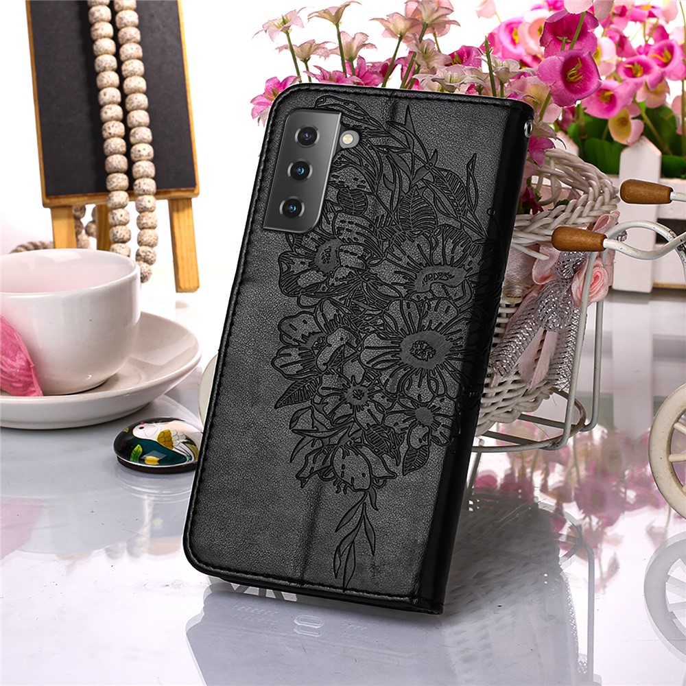 Imprint Butterfly Flower Pattern Wallet Stand Leather Case for Samsung Galaxy S21 5G - Black-8