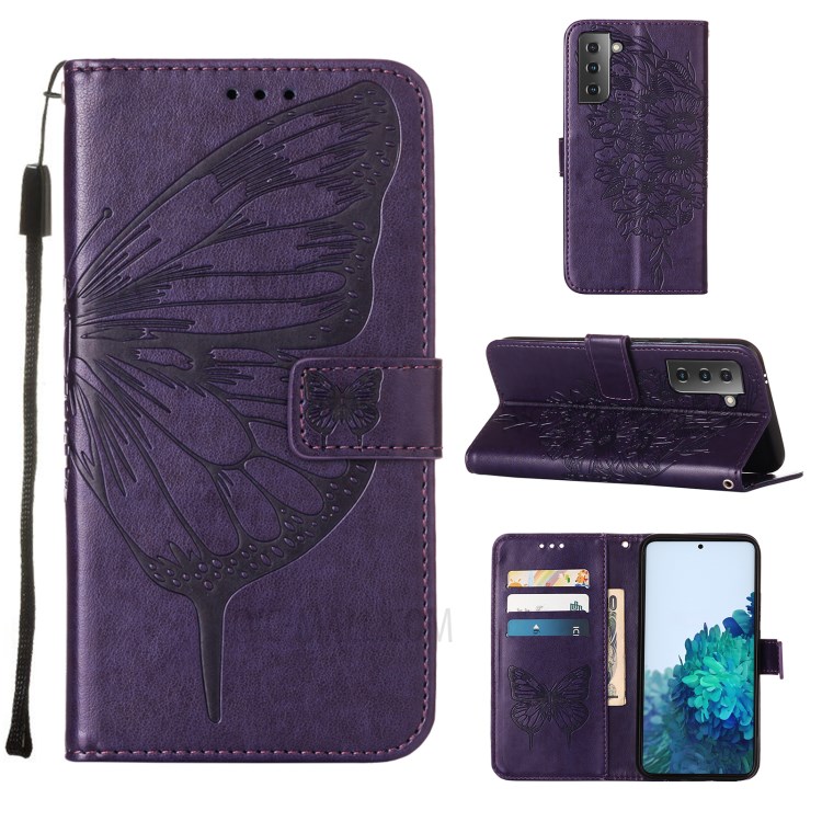 Imprint Butterfly Flower Pattern Wallet Stand Leather Case for Samsung Galaxy S21+ - Dark Purple-1
