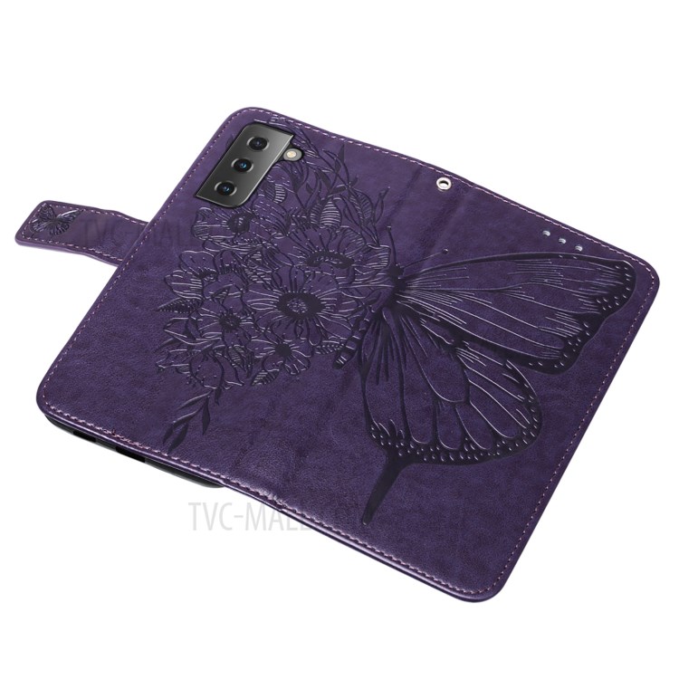 Imprint Butterfly Flower Pattern Wallet Stand Leather Case for Samsung Galaxy S21+ - Dark Purple-10