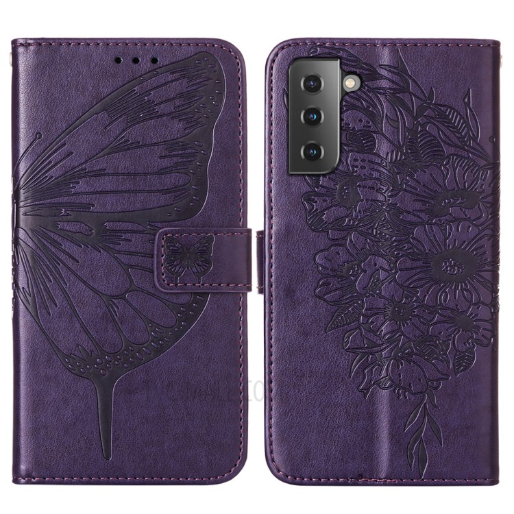 Imprint Butterfly Flower Pattern Wallet Stand Leather Case for Samsung Galaxy S21+ - Dark Purple-3