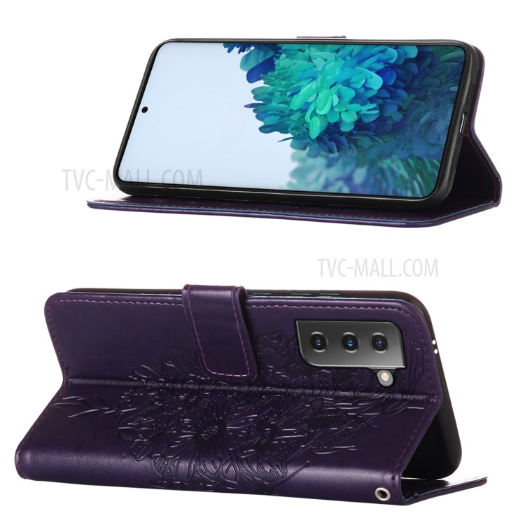 Imprint Butterfly Flower Pattern Wallet Stand Leather Case for Samsung Galaxy S21+ - Dark Purple-4