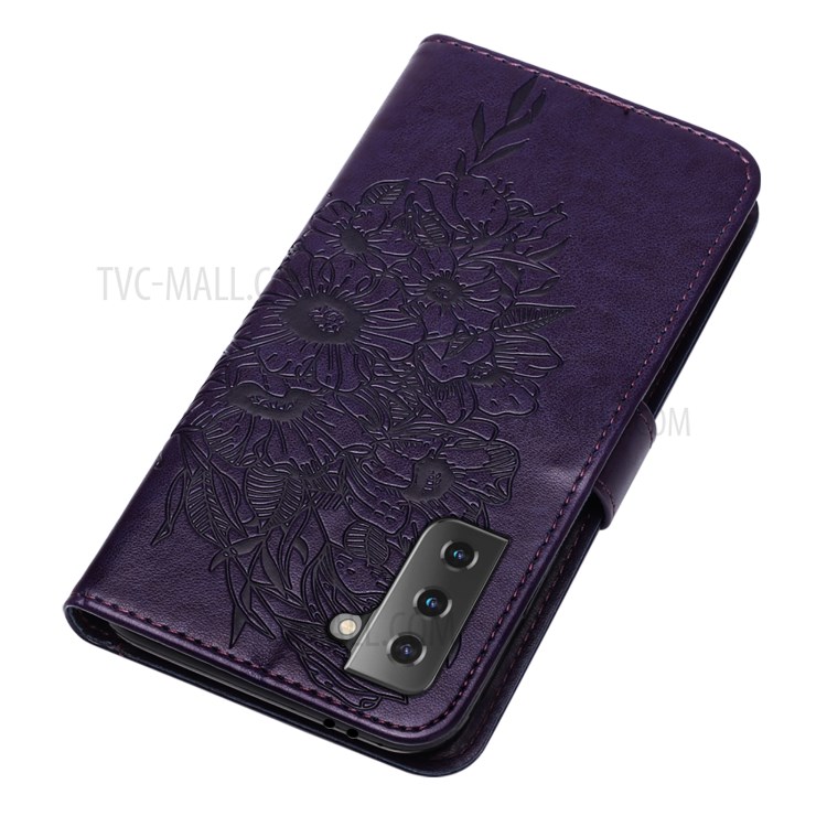 Imprint Butterfly Flower Pattern Wallet Stand Leather Case for Samsung Galaxy S21+ - Dark Purple-5