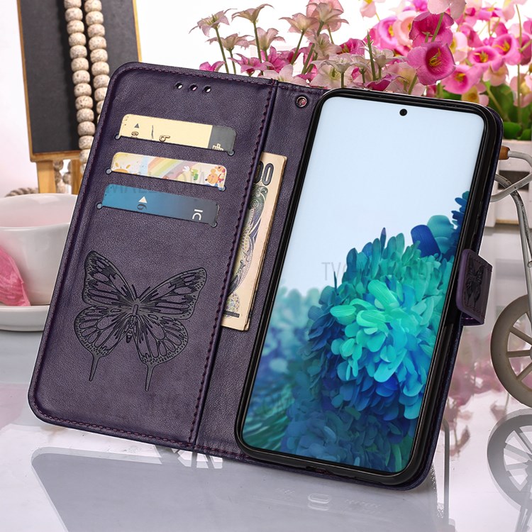 Imprint Butterfly Flower Pattern Wallet Stand Leather Case for Samsung Galaxy S21+ - Dark Purple-9