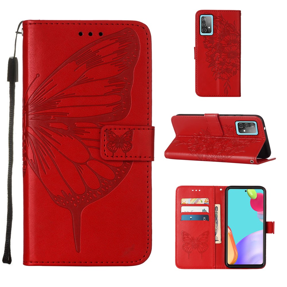 Imprint Butterfly Flower Pattern Wallet Stand Leather Case for Samsung Galaxy A52 5G - Red-1