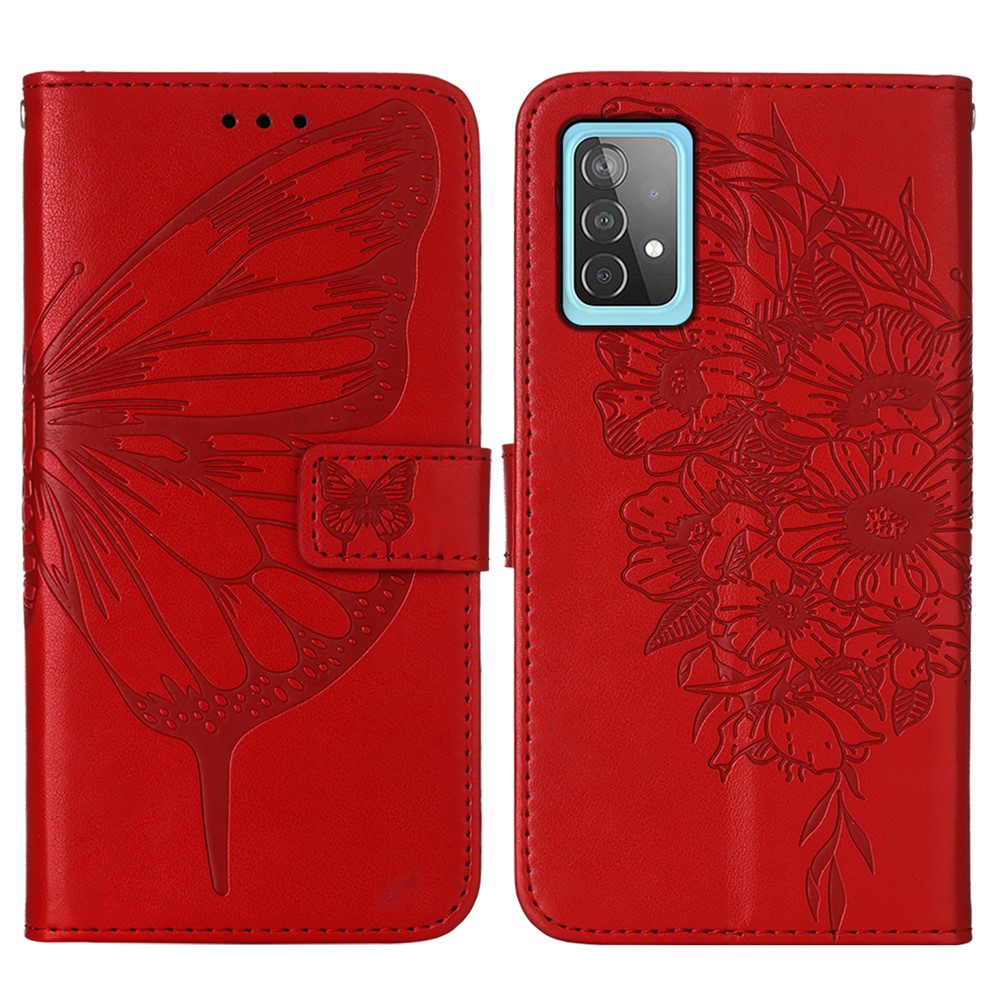 Imprint Butterfly Flower Pattern Wallet Stand Leather Case for Samsung Galaxy A52 5G - Red-3