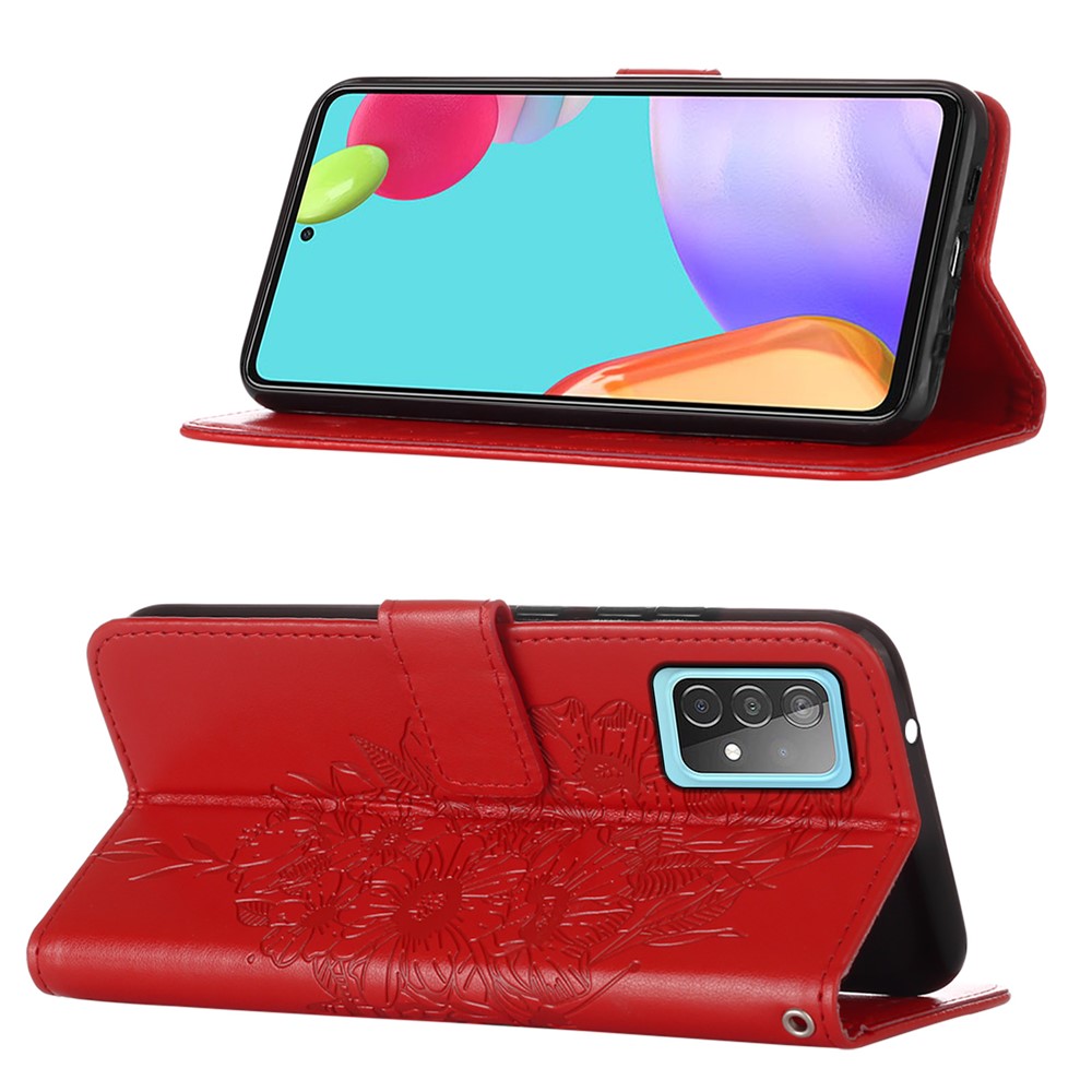 Imprint Butterfly Flower Pattern Wallet Stand Leather Case for Samsung Galaxy A52 5G - Red-4